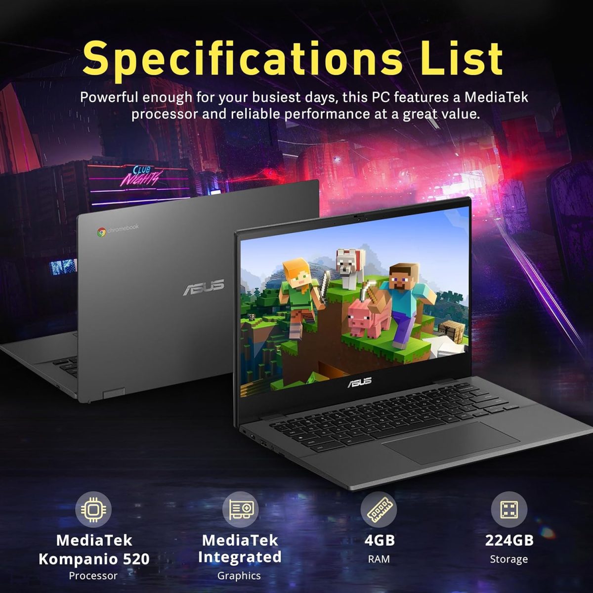 ⁦ASUS Chromebook CM1402 14" FHD Anti-Glare Laptop, MediaTek Kompanio 520, 4GB LPDDR4X, 224GB Storage(64GB eMMC+160GB Docking Station Set), HD Webcam, WiFi 6, Bluetooth, Chrome OS, Gravity Gray⁩ - الصورة ⁦3⁩