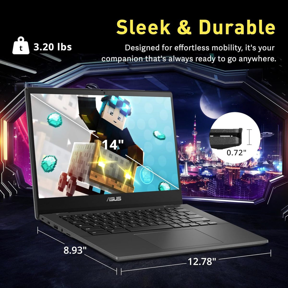⁦ASUS Chromebook CM1402 14" FHD Anti-Glare Laptop, MediaTek Kompanio 520, 4GB LPDDR4X, 224GB Storage(64GB eMMC+160GB Docking Station Set), HD Webcam, WiFi 6, Bluetooth, Chrome OS, Gravity Gray⁩ - الصورة ⁦8⁩