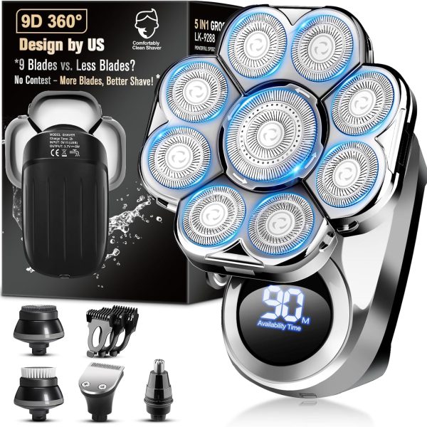 9D Electric Head Shaver for Bald Men, Upgraded 6-in-1 Head Shaver for Bald Men, Waterproof Wet/Dry Grooming Kit Electric Shaver for Men, Cordless Rechargeable Bald Head Razor for Home&Travel Gift