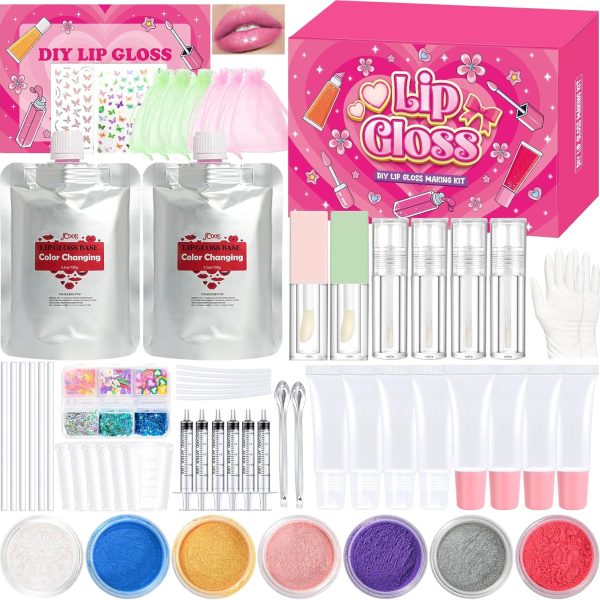 JCOOS Lip Gloss Making Kit, Color Changing Lip Oil 64 Pcs DIY Lip Gloss Kit Moisturizing Flavor Lip Gloss Sets