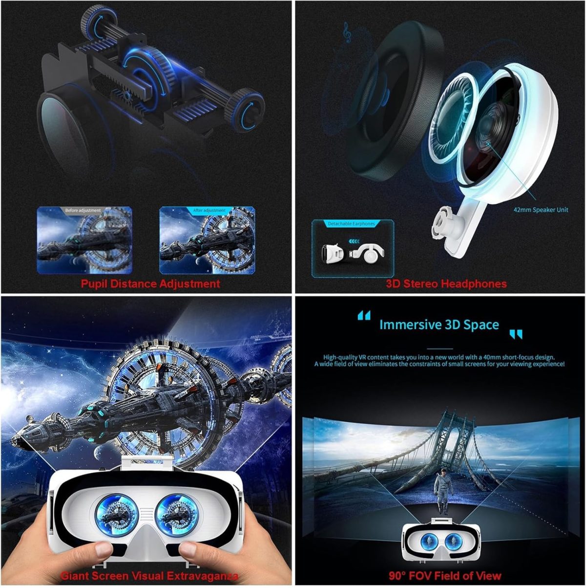 ⁦Virtual Reality Headsets to Play Games/Movies for Adults/Kids, 3D VR Glasses Compatible iOS and Android Smartphones 4.7-7.8in, Vr Headset Set with Controller and Headphones⁩ - الصورة ⁦4⁩