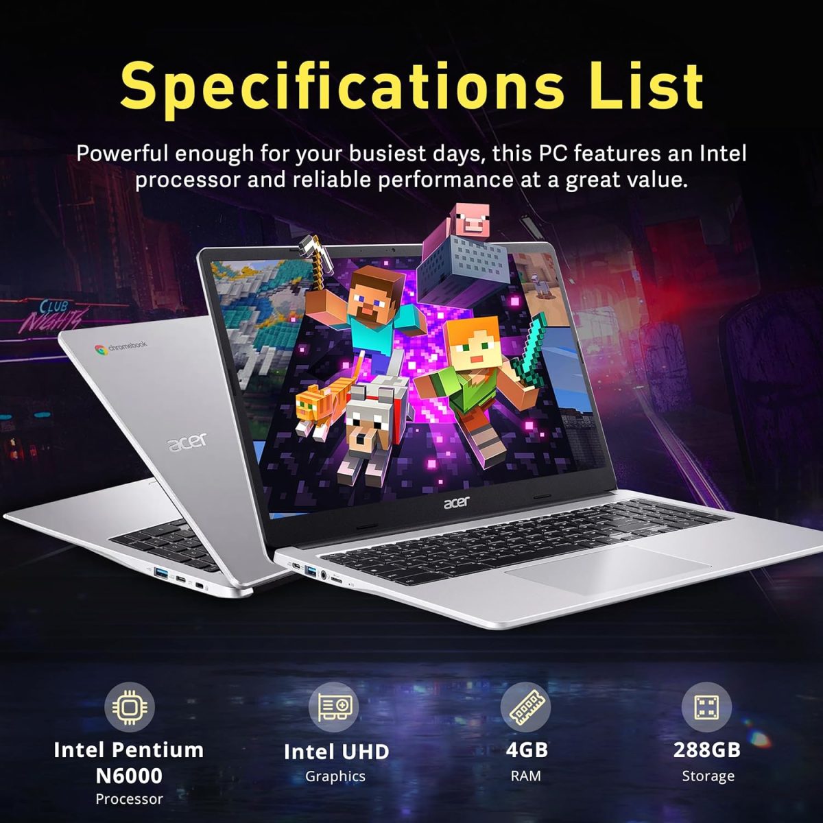 ⁦acer Chromebook 315 Laptop, 15.6" HD Anti-Glare Display, Intel Pentium N6000, 4GB LPDDR4X, 288GB Storage(128GB eMMC + 160GB Docking Station Set), UHD Graphics, Num Pad, Wi-Fi 6, Chrome OS, Silver⁩ - الصورة ⁦3⁩