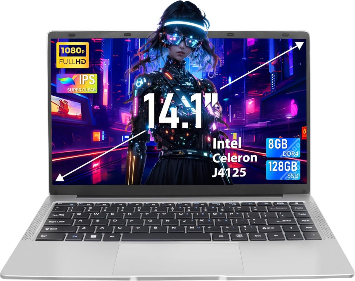 لابتوب فضي 14 انش، شاشة FHD IPS، سيليرون J4125، 8GB DDR4، 128GB SSD، [ويندوز 11 برو واوفيس 365]، رفيع للغاية، فتحة 180 درجة، USB 3.0، بلوتوث، مثالي للدراسة والعمل (128GB)