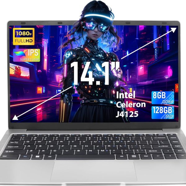 لابتوب فضي 14 انش، شاشة FHD IPS، سيليرون J4125، 8GB DDR4، 128GB SSD، [ويندوز 11 برو واوفيس 365]، رفيع للغاية، فتحة 180 درجة، USB 3.0، بلوتوث، مثالي للدراسة والعمل (128GB)