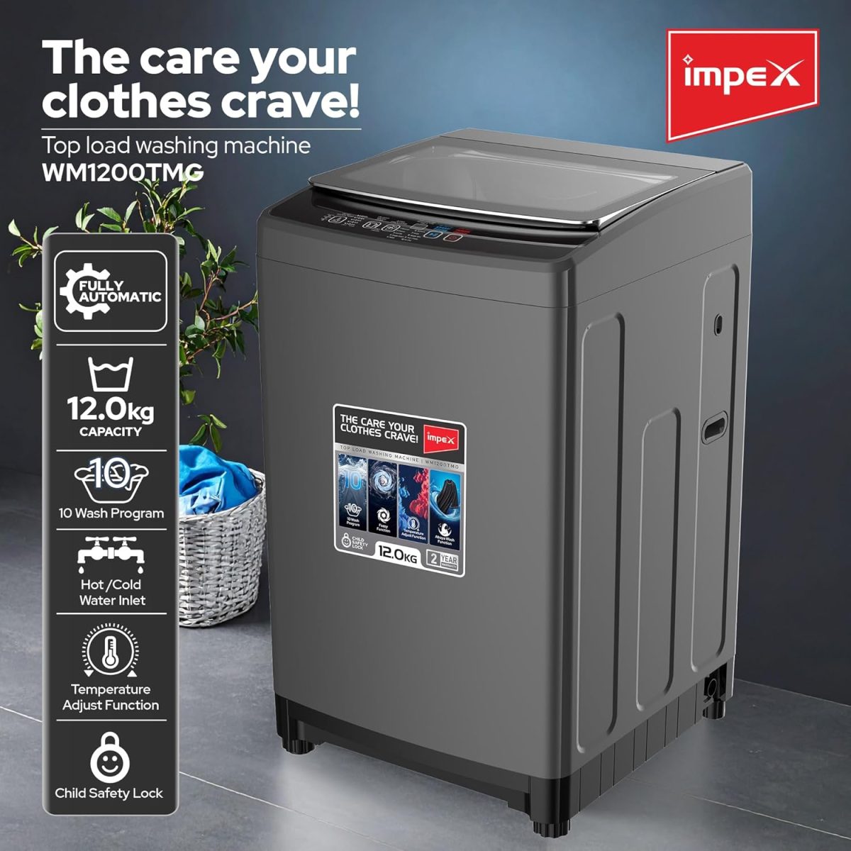 ⁦Impex 12Kg Fully Automatic Top Load Washing Machine | Dual Inlet (Hot/Cold) | 10 Wash Programs | Child Lock | Auto Restart | Metallic Body | Water Resistant | Detergent Tray | Dark Grey | WM1200TMG⁩ - الصورة ⁦2⁩
