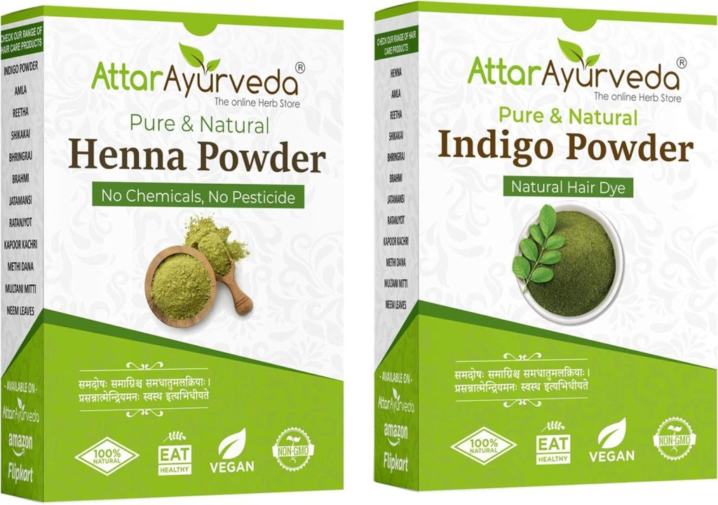 Attar Ayurveda Natural Dye for Black Hair (Henna Leaves powder, Indigo leaves powder combo pack) (200 grams + 200 grams = 400 grams total)