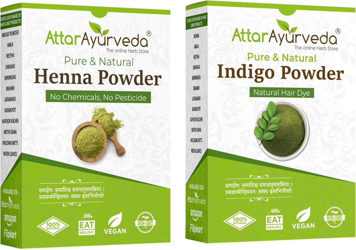 Attar Ayurveda Natural Dye for Black Hair (Henna Leaves powder, Indigo leaves powder combo pack) (200 grams + 200 grams = 400 grams total)