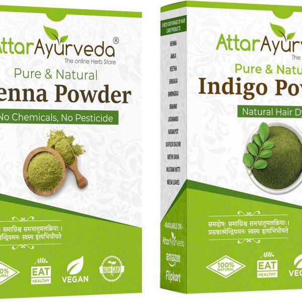 Attar Ayurveda Natural Dye for Black Hair (Henna Leaves powder, Indigo leaves powder combo pack) (200 grams + 200 grams = 400 grams total)