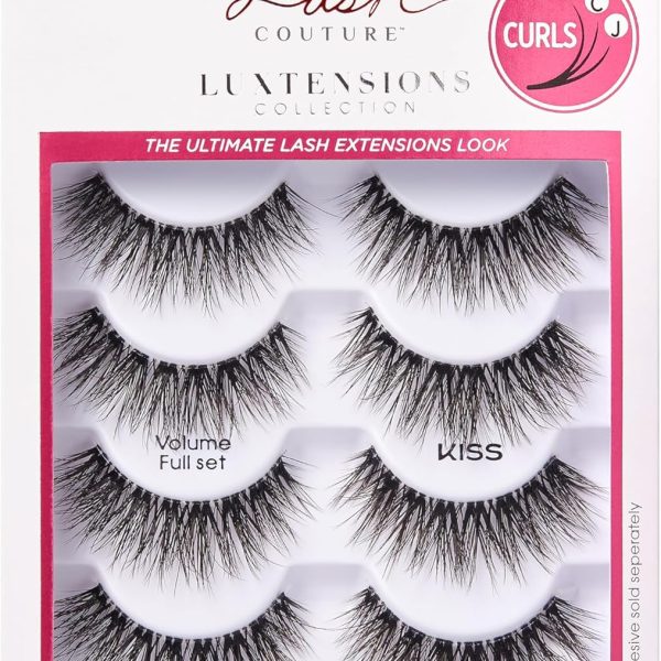 KISS Lash Couture Luxtension, False Eyelashes, 'Volume Full Set', 14 mm, Includes 4 Pairs Of Lashes, Contact Lens Friendly, Easy to Apply, Reusable Strip Lashes
