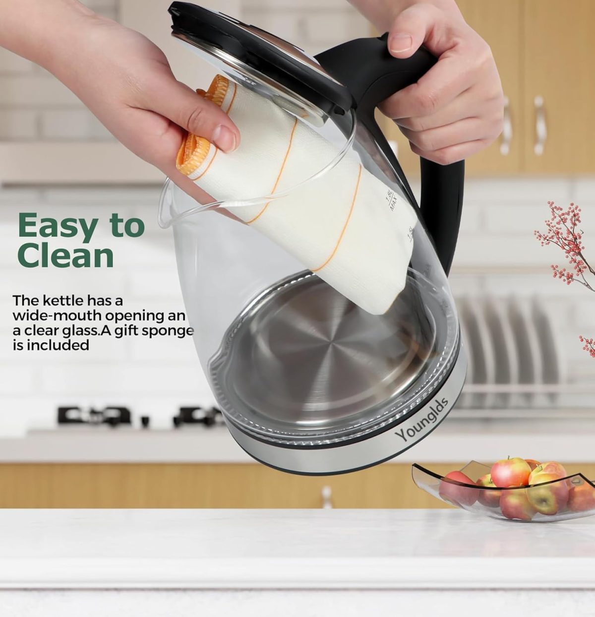 ⁦Electric Kettle1.8L Transparent Glass Kettle Stainless Steel Tea Kettle 1500W Fast Boiling Water Heater,BPA-Free Hot Water Boiler with Auto Shut-Off,Easy to Clean,LED Indicator,Perfect for Home,Office⁩ - الصورة ⁦5⁩