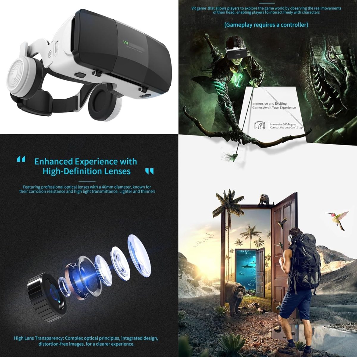 ⁦Virtual Reality Headsets to Play Games/Movies for Adults/Kids, 3D VR Glasses Compatible iOS and Android Smartphones 4.7-7.8in, Vr Headset Set with Controller and Headphones⁩ - الصورة ⁦5⁩