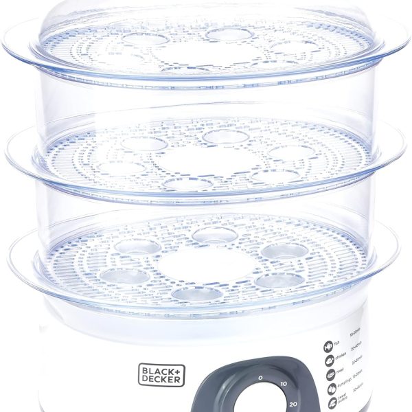 BLACK+DECKER Food Steamer,775W, 10L 3-Tier Detachable Design, Timer Control, Quick & Easy Meal Prep, Dishwasher Safe, Lightweight 1.98 Kg, 220-240V, Efficient and Compact, White - HS6000-B5