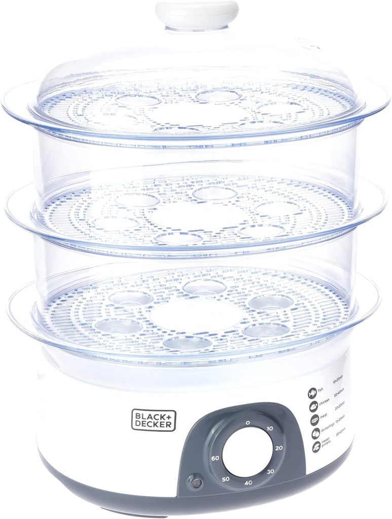 BLACK+DECKER Food Steamer,775W, 10L 3-Tier Detachable Design, Timer Control, Quick & Easy Meal Prep, Dishwasher Safe, Lightweight 1.98 Kg, 220-240V, Efficient and Compact, White - HS6000-B5