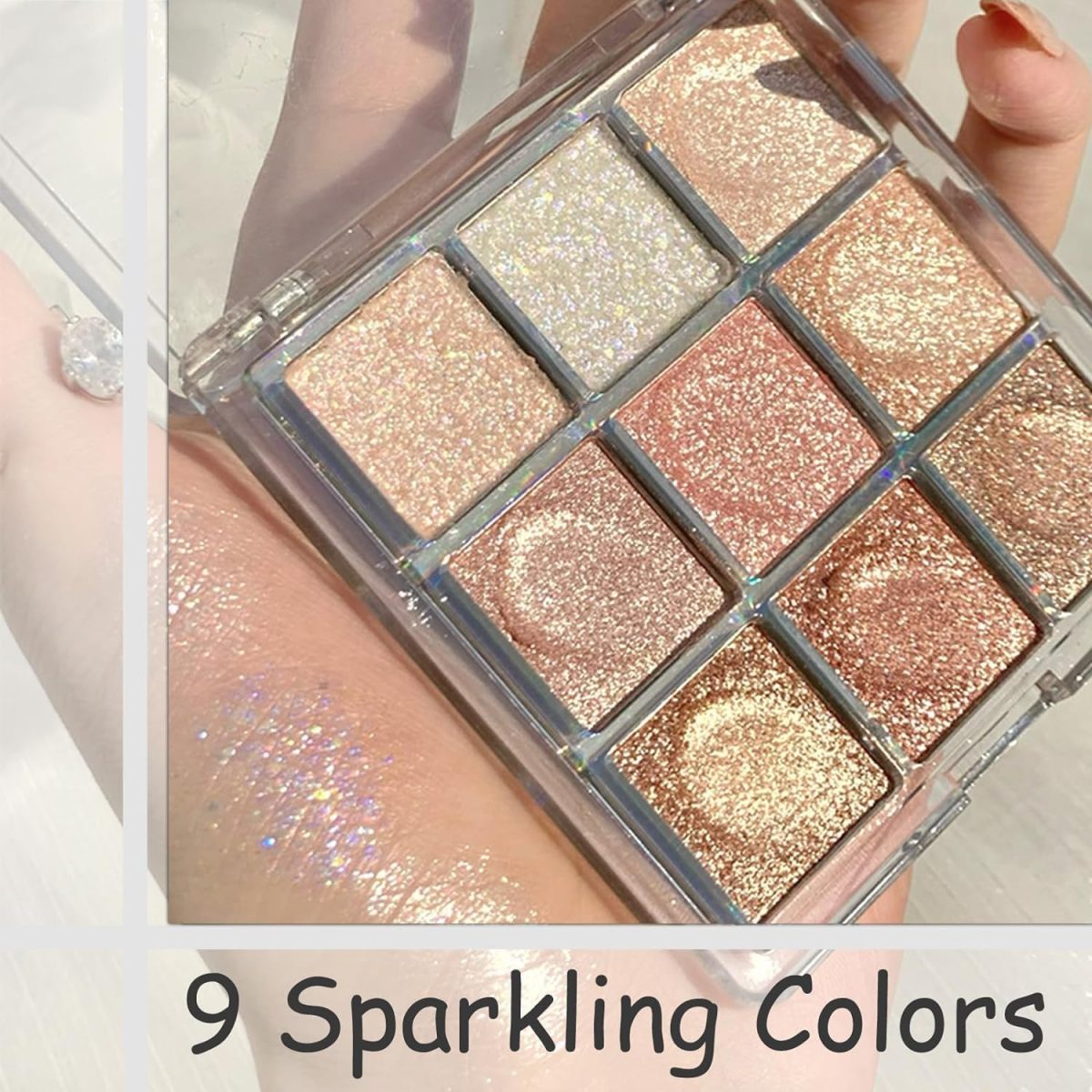 ⁦Azonee Eyeshadow Palette, Shimmer Eye Shadow Pallets for Women, 9 Colour Glitter Eye Make-Up Palettes, Gold, White, Pink Highly Pigmented Eye Shadow Palette for Girls Make Up⁩ - الصورة ⁦6⁩