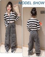 ⁦SEAUR Girls Kids Jeans Loose Wide-Leg Denim Pants Baggy Straight Elastic Waist Ripped Jeans Stretchy Vintage Casual Trousers with Pockets Age 5-14 Years⁩ - الصورة ⁦2⁩