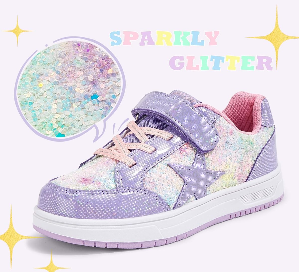 ⁦LUCKY STEP Kid's Glitter Walking Shoes Shiny Sparkly Sequins Fashion Sneakers Hook and Loop Athletic Unisex-Child Casual Running for Children/Boys/Girls⁩ - الصورة ⁦2⁩