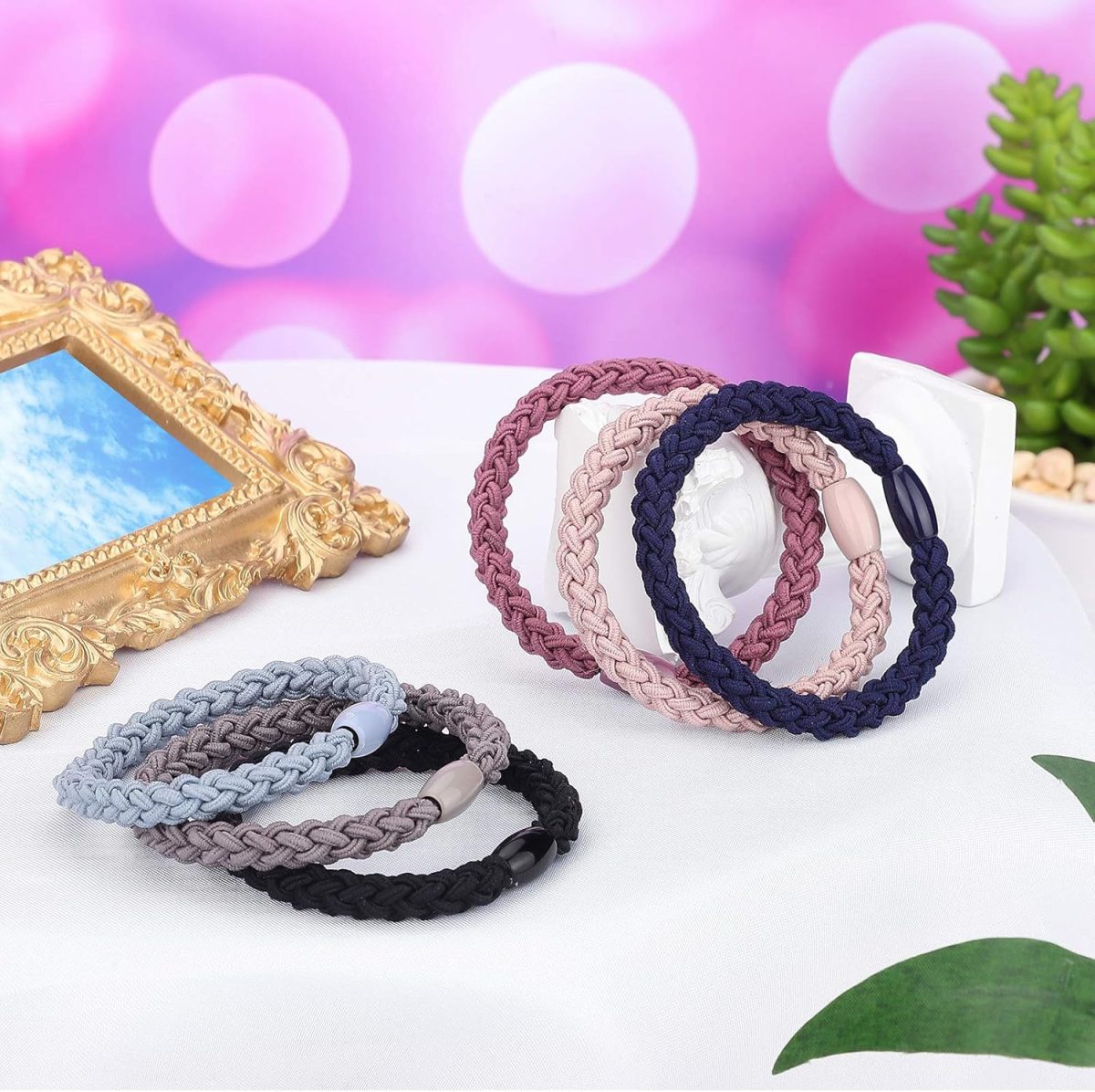 ⁦Chuangdi 12 Pieces Cotton Hair Ties Braided Hair Bands Elastic Hair Ties Ropes Braided Ponytail Holders Hair Accessories for Women Girls Thick Heavy and Curly Hair (Mixed Colors)⁩ - الصورة ⁦5⁩
