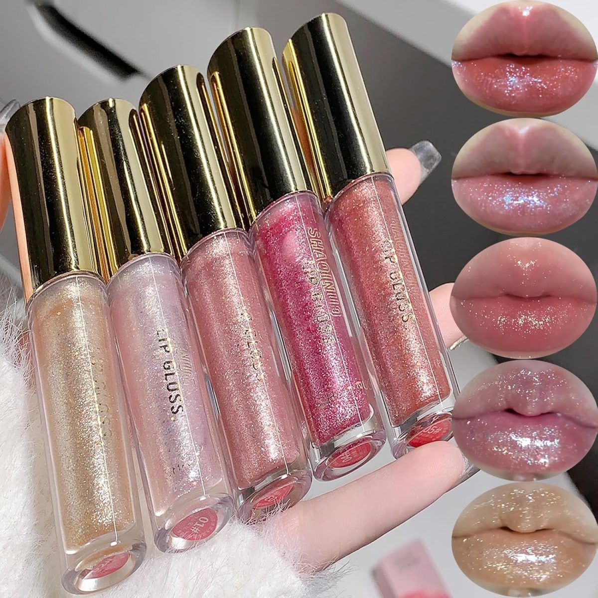 MAKINGTEC 5 Colors Shimmery Glitter Lip Gloss Liquid Lipstick Set, Plumping Hydrating Lip Glow Oil, Instense High Reflective Color Lipstick Makeup