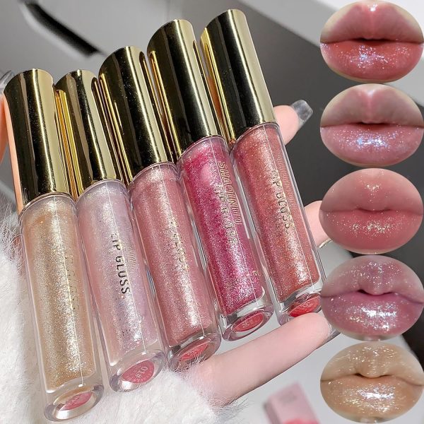 MAKINGTEC 5 Colors Shimmery Glitter Lip Gloss Liquid Lipstick Set, Plumping Hydrating Lip Glow Oil, Instense High Reflective Color Lipstick Makeup