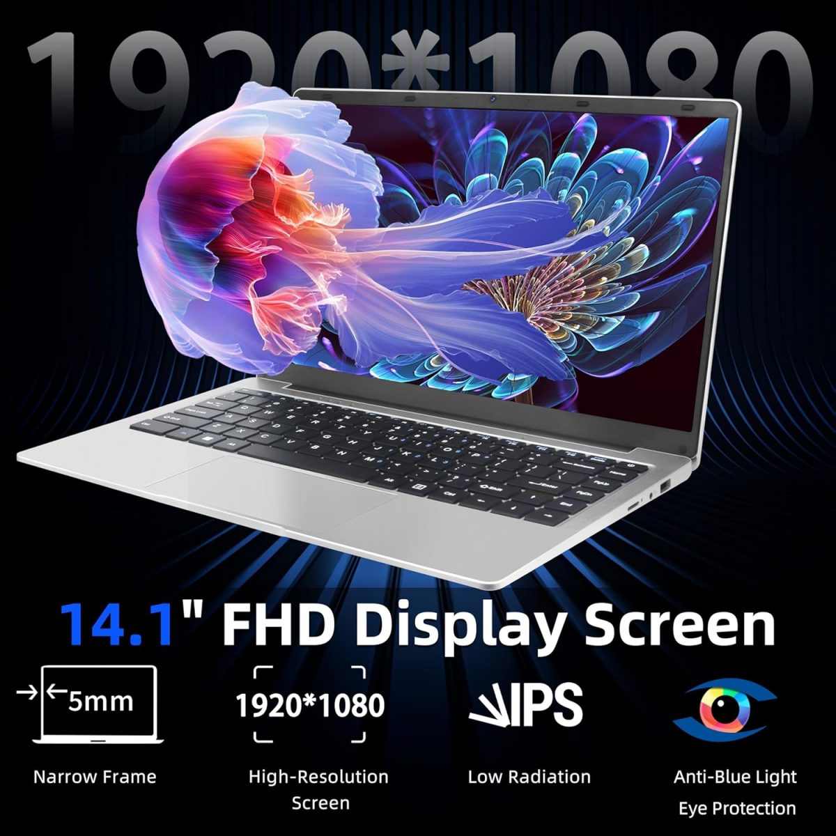 ⁦لابتوب فضي 14 انش، شاشة FHD IPS، سيليرون J4125، 8GB DDR4، 128GB SSD، [ويندوز 11 برو واوفيس 365]، رفيع للغاية، فتحة 180 درجة، USB 3.0، بلوتوث، مثالي للدراسة والعمل (128GB)⁩ - الصورة ⁦3⁩