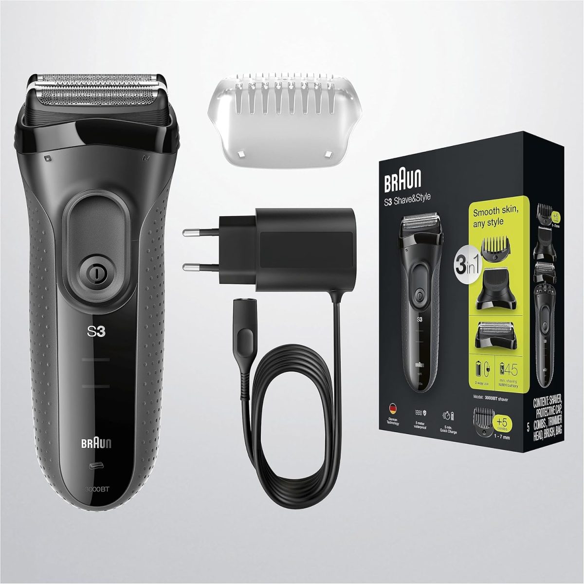 ⁦Braun Series 3 3-in-1 Electric Shaver, Beard Trimmer with 5 Comb Attachments, Wet & Dry, 45 Minutes Battery Life, Rechargeable and Wireless Shaver, Black/Grey⁩ - الصورة ⁦5⁩