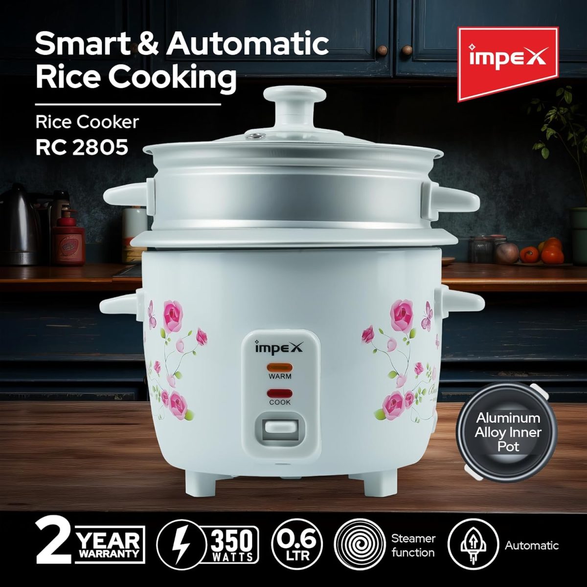⁦Impex RC 2805 Electric Rice Cooker 0.6 Ltr 350W Drum Rice Cooker With Aluminium inner pot⁩ - الصورة ⁦2⁩