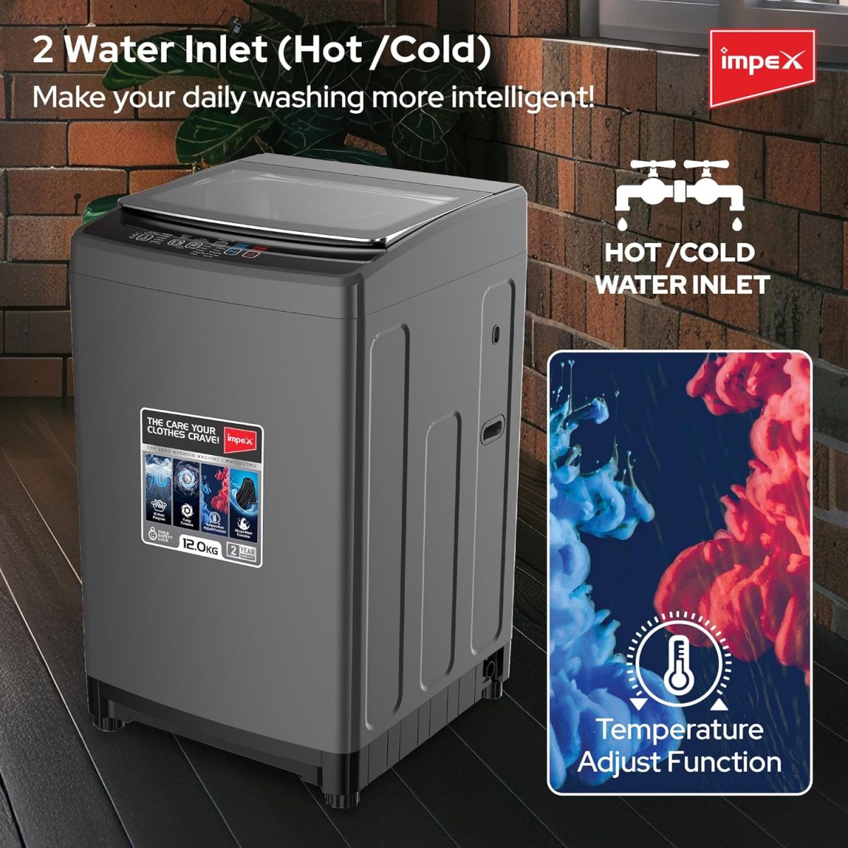 ⁦Impex 12Kg Fully Automatic Top Load Washing Machine | Dual Inlet (Hot/Cold) | 10 Wash Programs | Child Lock | Auto Restart | Metallic Body | Water Resistant | Detergent Tray | Dark Grey | WM1200TMG⁩ - الصورة ⁦3⁩