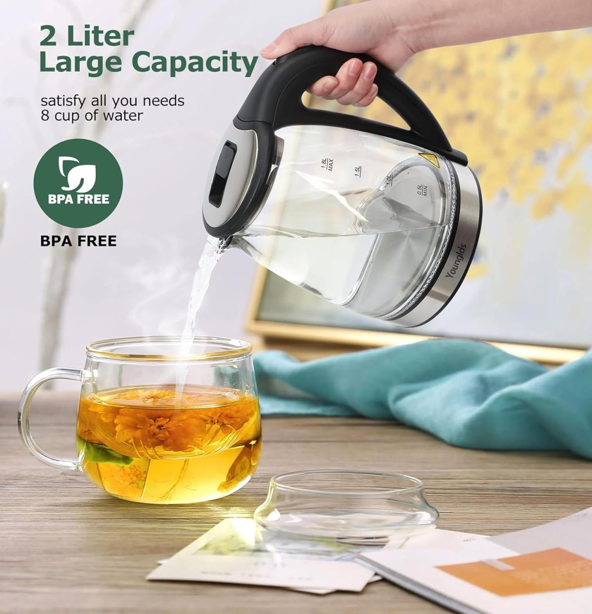 ⁦Electric Kettle1.8L Transparent Glass Kettle Stainless Steel Tea Kettle 1500W Fast Boiling Water Heater,BPA-Free Hot Water Boiler with Auto Shut-Off,Easy to Clean,LED Indicator,Perfect for Home,Office⁩ - الصورة ⁦4⁩