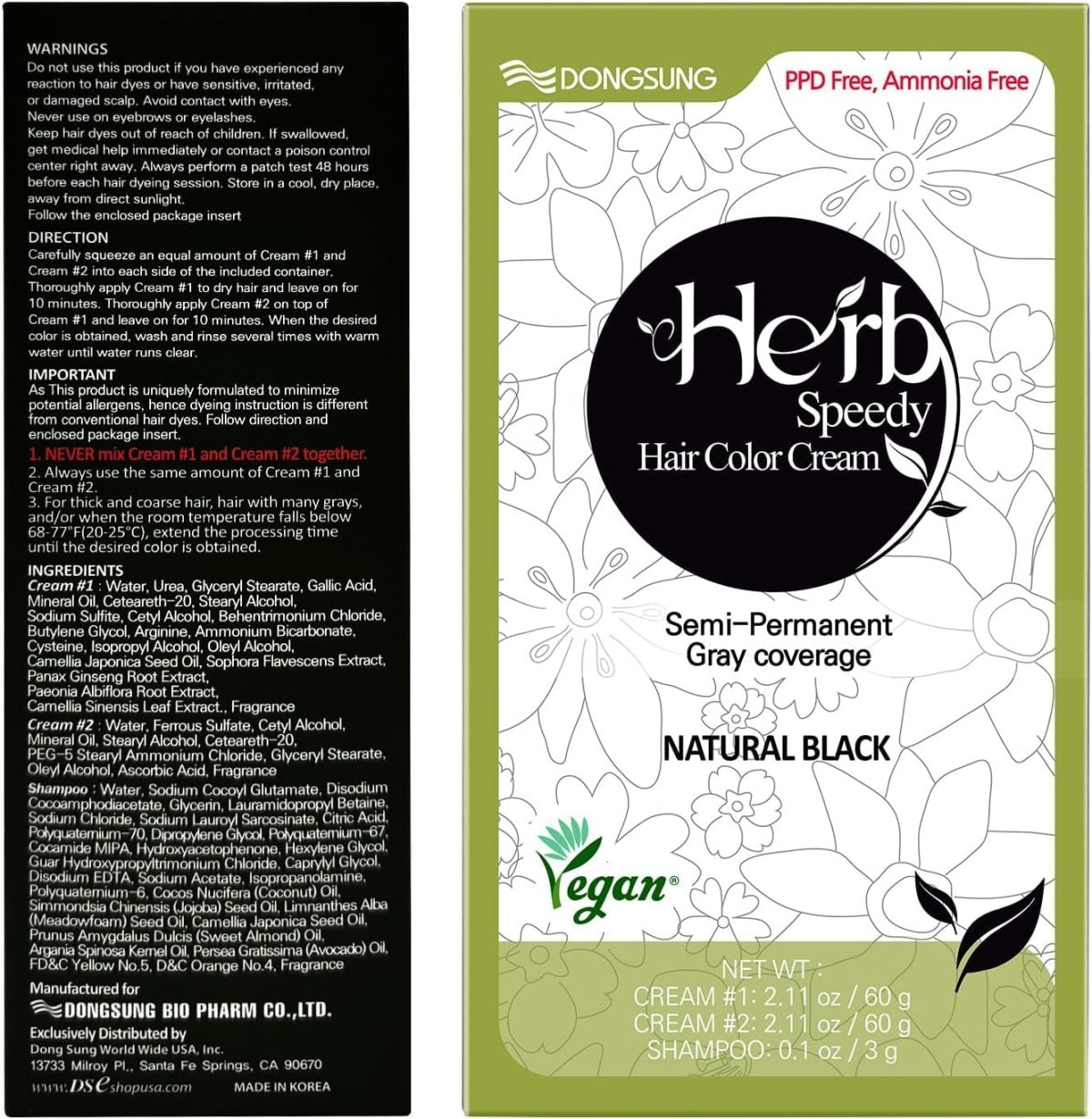 ⁦Dongsung Herb Speedy Color Cream PPD-Free Ammonia-Free Vegan Gray Coverage Hair Dye with Sun Protection, Odorless, Gentle for Sensitive Scalp, No Eye or Scalp Irritation (Natural Black)⁩ - الصورة ⁦7⁩