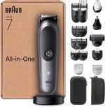 Braun All-in-One Series 7 Grooming Kit, 18in1, ProBlade & AutoSense, 120 Min, SkinGuard & Beard Fading, AquaGrip for Under Water Use, AIO7585, Grey