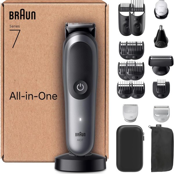 Braun All-in-One Series 7 Grooming Kit, 18in1, ProBlade & AutoSense, 120 Min, SkinGuard & Beard Fading, AquaGrip for Under Water Use, AIO7585, Grey