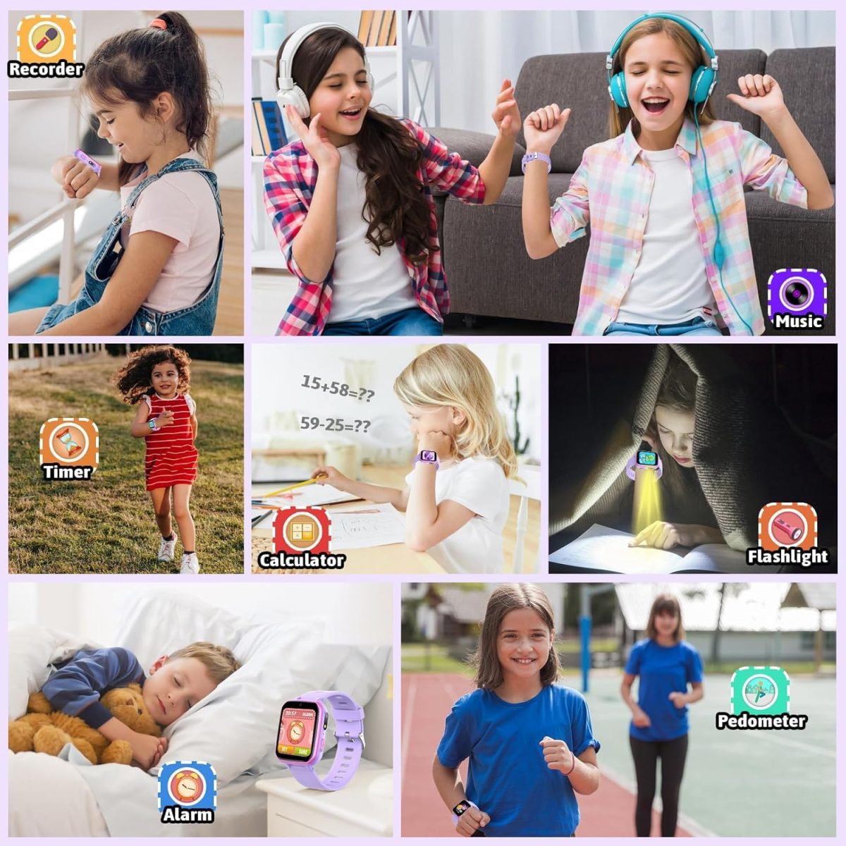 ⁦DMG Kids Smart Watch, 26 Educational Games, Music Player, Pedometer, Alarm Clock, Touch Screen, Learning & Activity Tracker Toy Gift for Boys & Girls Ages 4-12, Birthday & Holiday Present (Purple)⁩ - الصورة ⁦6⁩