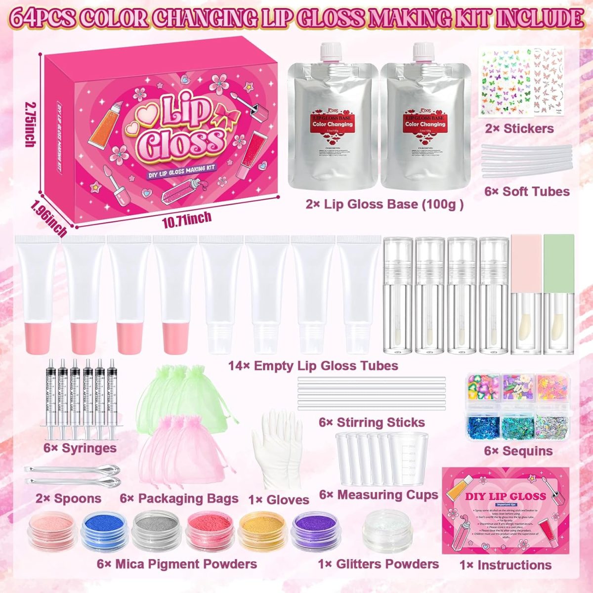 ⁦JCOOS Lip Gloss Making Kit, Color Changing Lip Oil 64 Pcs DIY Lip Gloss Kit Moisturizing Flavor Lip Gloss Sets⁩ - الصورة ⁦3⁩