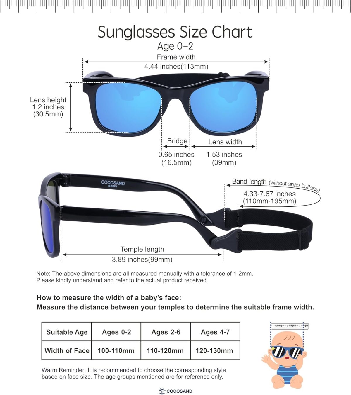 ⁦COCOSAND Toddler Sunglasses with Strap Polarized Retro Square Soft Silicone Nose Pads Baby Boys Girls Age 0-24 Months⁩ - الصورة ⁦6⁩