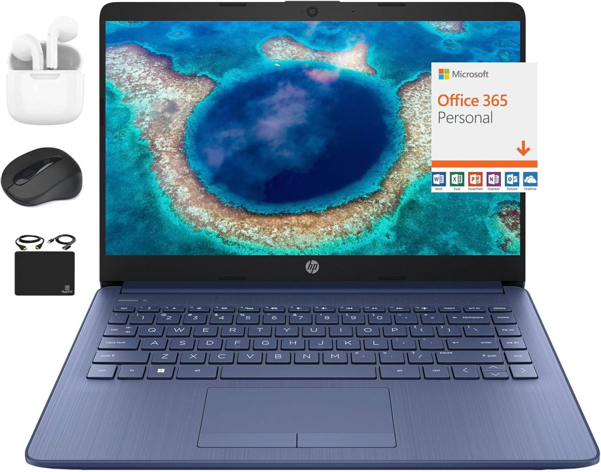 HP New 14" HD Ultral Light Thin Laptop, Quad-Core Intel Celeron Processor, 16GB RAM, 564GB (64GB eMMC+ 500GB Ext), Wi-Fi, Upto 11 Hours, Windows 11 S + 1 Year Office 365+HubxcelAccessory, Royal Blue