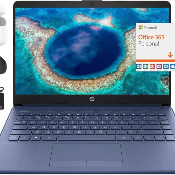 HP New 14" HD Ultral Light Thin Laptop, Quad-Core Intel Celeron Processor, 16GB RAM, 564GB (64GB eMMC+ 500GB Ext), Wi-Fi, Upto 11 Hours, Windows 11 S + 1 Year Office 365+HubxcelAccessory, Royal Blue