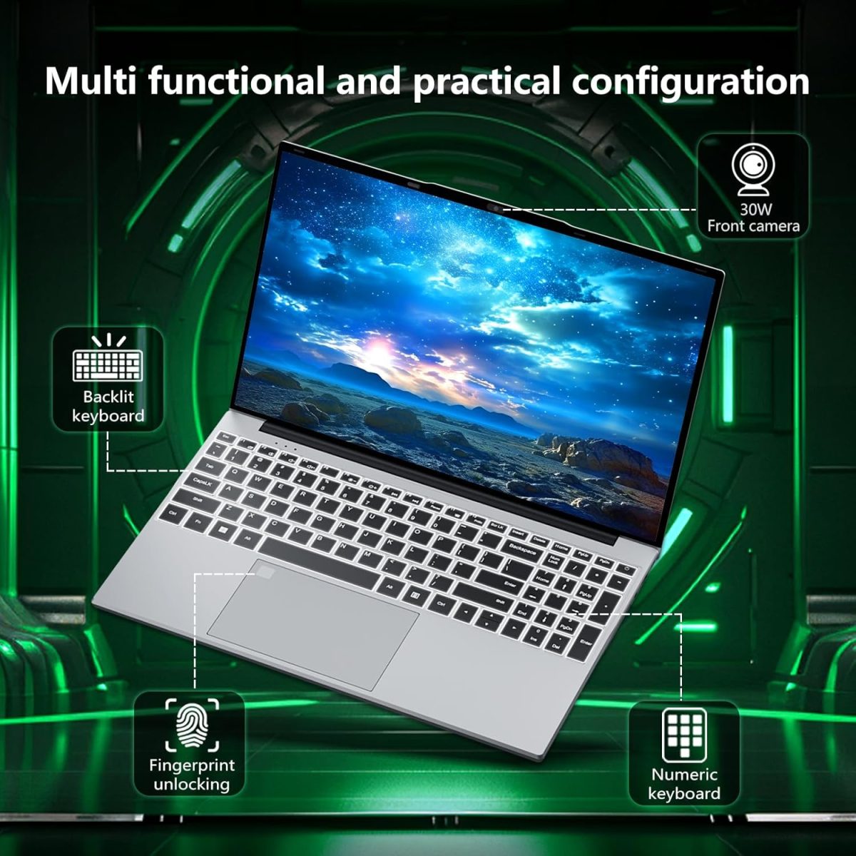 ⁦AVENKA Gaming Laptop, 15.6 inch, Celeron N5095, 16GB RAM, 512GB SSD, FHD 1920x1080, 180 Angle Opening, Fingerprint Unlock, Backlit Keyboard, Mini-HDMI⁩ - الصورة ⁦6⁩