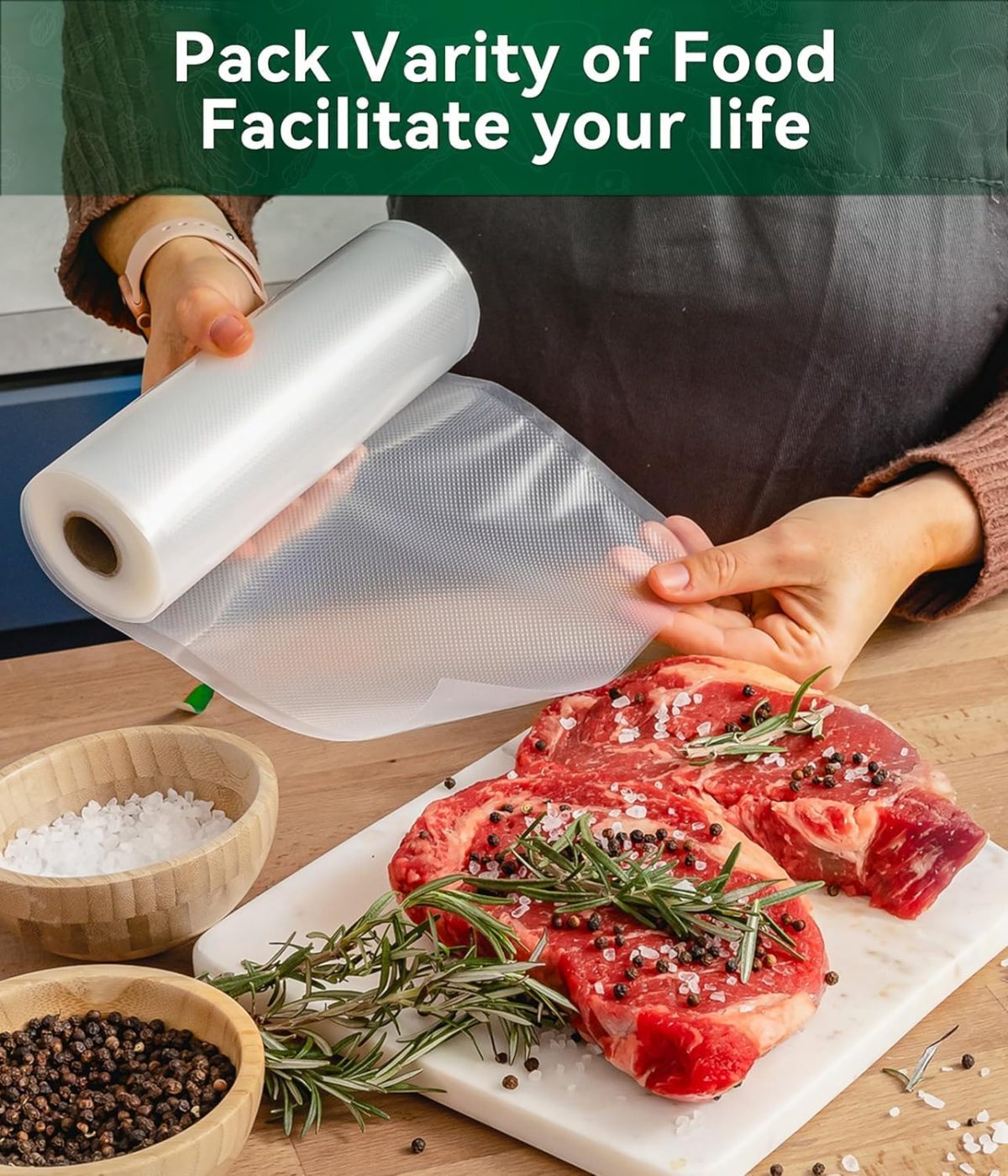 ⁦HEYMIX PROFESSIONAL Vacuum Food Sealer Roll - 4 Pack Vacuum Seal Bags Rolls,Seal Storage 28/20/15CMx5M,Heat Commercial Grade Bag Rolls Storage Bags Compatible with All Vac Machines,Food Saver⁩ - الصورة ⁦4⁩