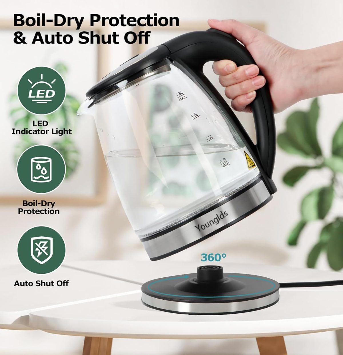 ⁦Electric Kettle1.8L Transparent Glass Kettle Stainless Steel Tea Kettle 1500W Fast Boiling Water Heater,BPA-Free Hot Water Boiler with Auto Shut-Off,Easy to Clean,LED Indicator,Perfect for Home,Office⁩ - الصورة ⁦6⁩