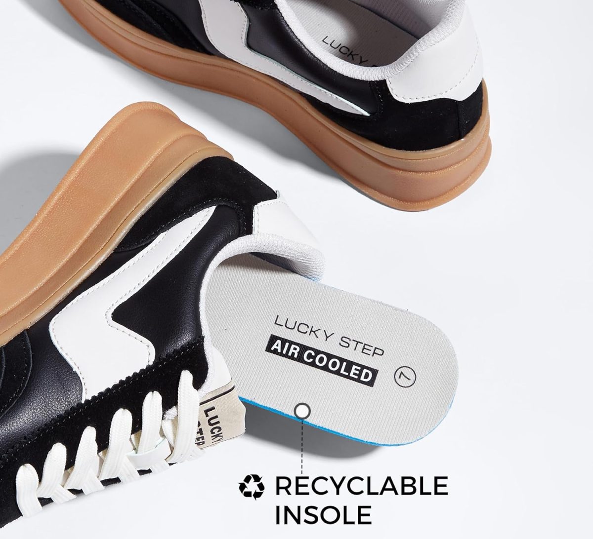 ⁦LUCKY STEP Women's Platform Fashion Sneakers Thick Sole Suede Genuine Leather Classic Rubber Gum Sole Low Top Casual Walking Shoes⁩ - الصورة ⁦3⁩