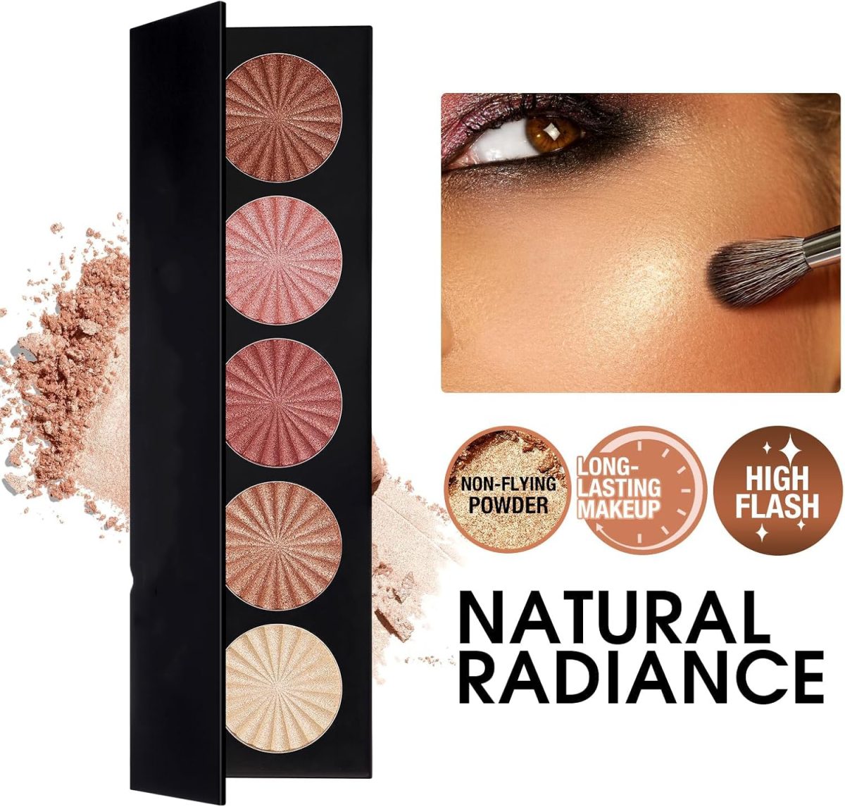 ⁦Khazna Highlighter Powder Palette, Makeup Palette Facial Bronzers Illuminator Palette Highlighter Baked Waterproof Long Lasting Brilliant Lighten Skin Color (5 Color, 1 Count (Pack of 1))⁩ - الصورة ⁦2⁩