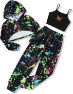 Gaupafmb Girls Clothes 3PC Tie-dye with Butterfly Print Hoodie Sweatshirt Butterfly Print Cami Tops Sweatpants Girls
