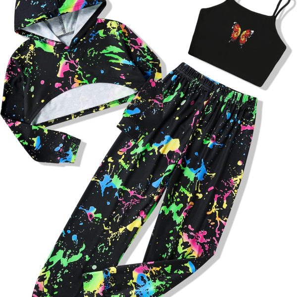 Gaupafmb Girls Clothes 3PC Tie-dye with Butterfly Print Hoodie Sweatshirt Butterfly Print Cami Tops Sweatpants Girls