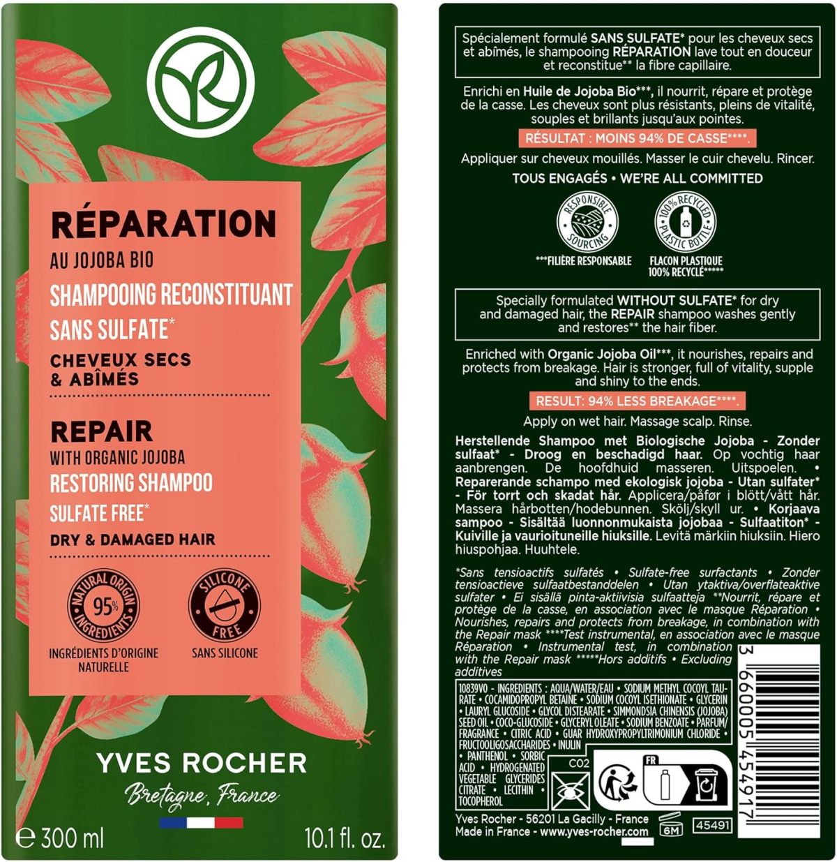 ⁦Yves Rocher Repair Shampoo With Organic Jojoba-Sulfate Free 300 ML⁩ - الصورة ⁦2⁩