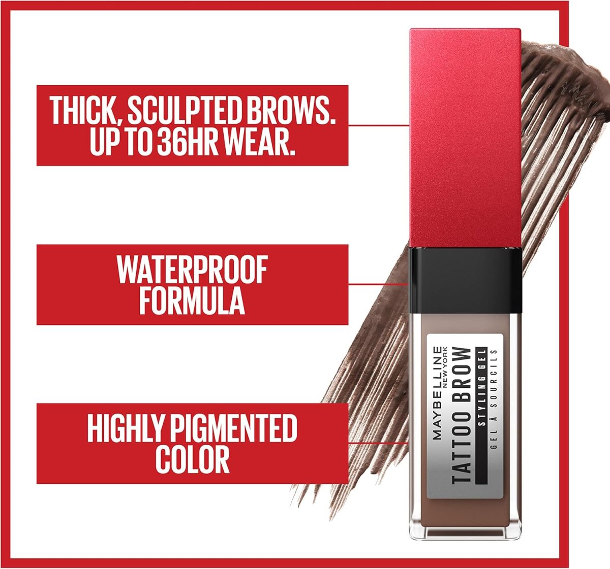 ⁦MAYBELLINE Maybelline Tattoo Studio Brow Styling Gel, Waterproof Eyebrow Makeup, Up to 36 Hours Lasting Eyebrows, Soft Brown, 1 Pack⁩ - الصورة ⁦6⁩