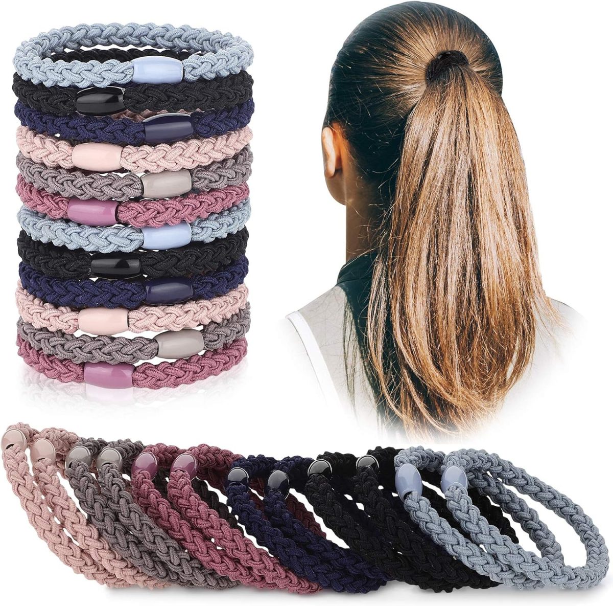Chuangdi 12 Pieces Cotton Hair Ties Braided Hair Bands Elastic Hair Ties Ropes Braided Ponytail Holders Hair Accessories for Women Girls Thick Heavy and Curly Hair (Mixed Colors)
