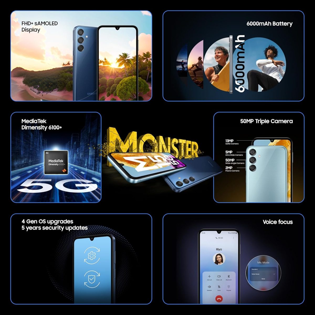 ⁦Samsung Galaxy M15 5G Prime Edition (Blue Topaz,4GB RAM,128GB Storage) | Super AMOLED Display| 50MP Triple Cam| 6000mAh Battery| MediaTek Dimensity 6100+ | 4 Gen. OS Upgrade & 5 Year Security Update⁩ - الصورة ⁦2⁩