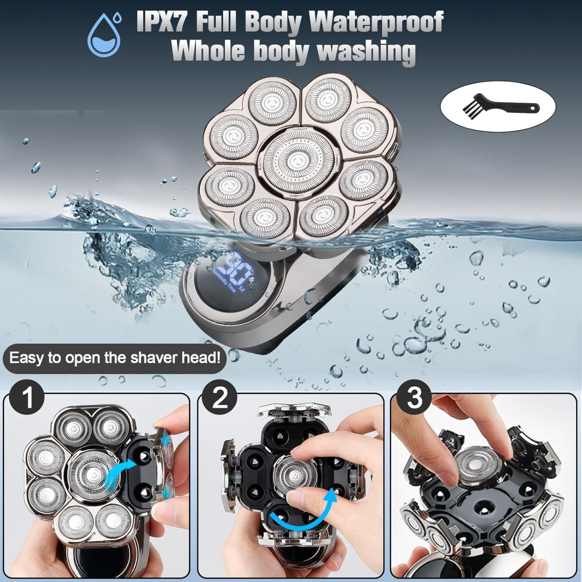 ⁦9D Electric Head Shaver for Bald Men, Upgraded 6-in-1 Head Shaver for Bald Men, Waterproof Wet/Dry Grooming Kit Electric Shaver for Men, Cordless Rechargeable Bald Head Razor for Home&Travel Gift⁩ - الصورة ⁦3⁩