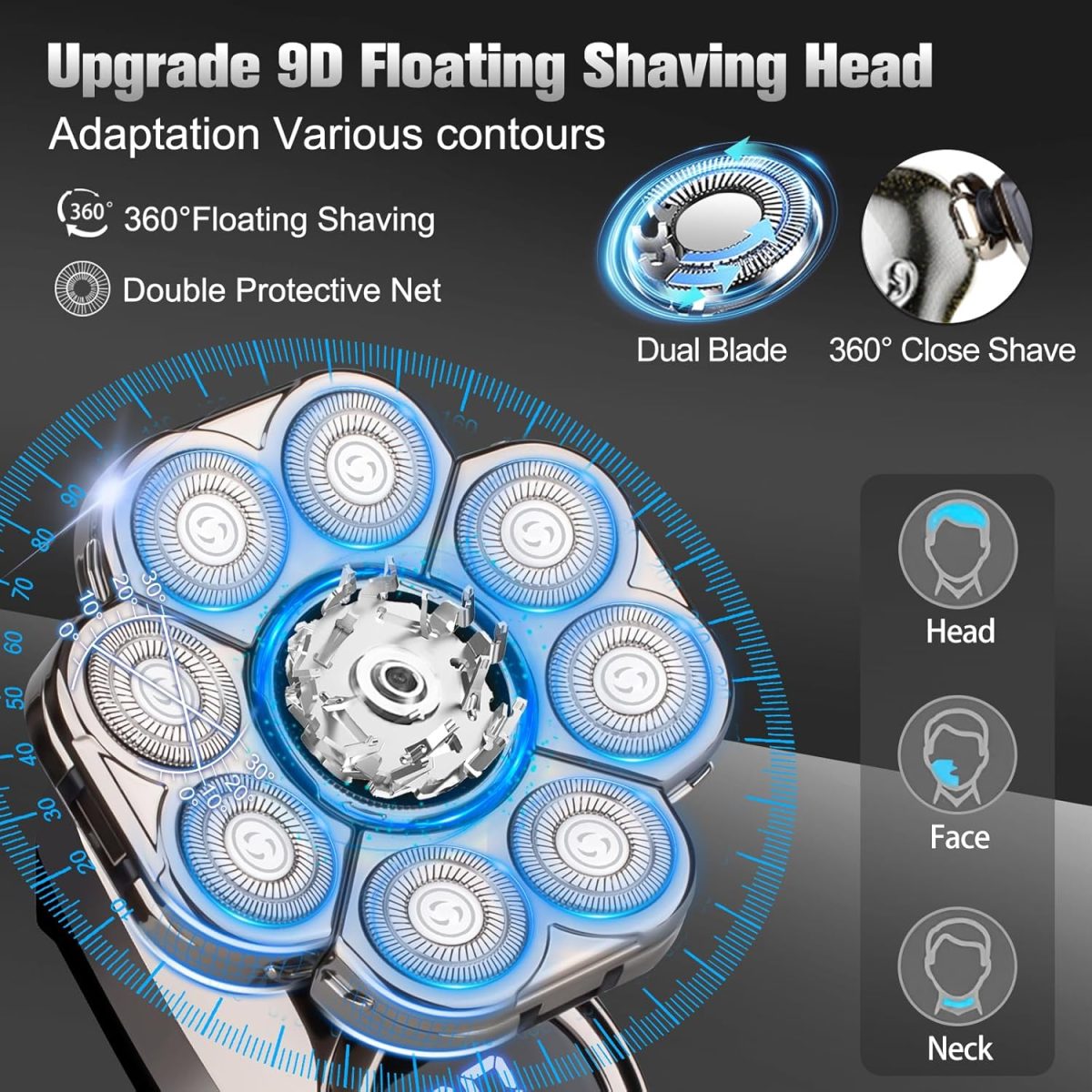 ⁦9D Electric Head Shaver for Bald Men, Upgraded 6-in-1 Head Shaver for Bald Men, Waterproof Wet/Dry Grooming Kit Electric Shaver for Men, Cordless Rechargeable Bald Head Razor for Home&Travel Gift⁩ - الصورة ⁦2⁩