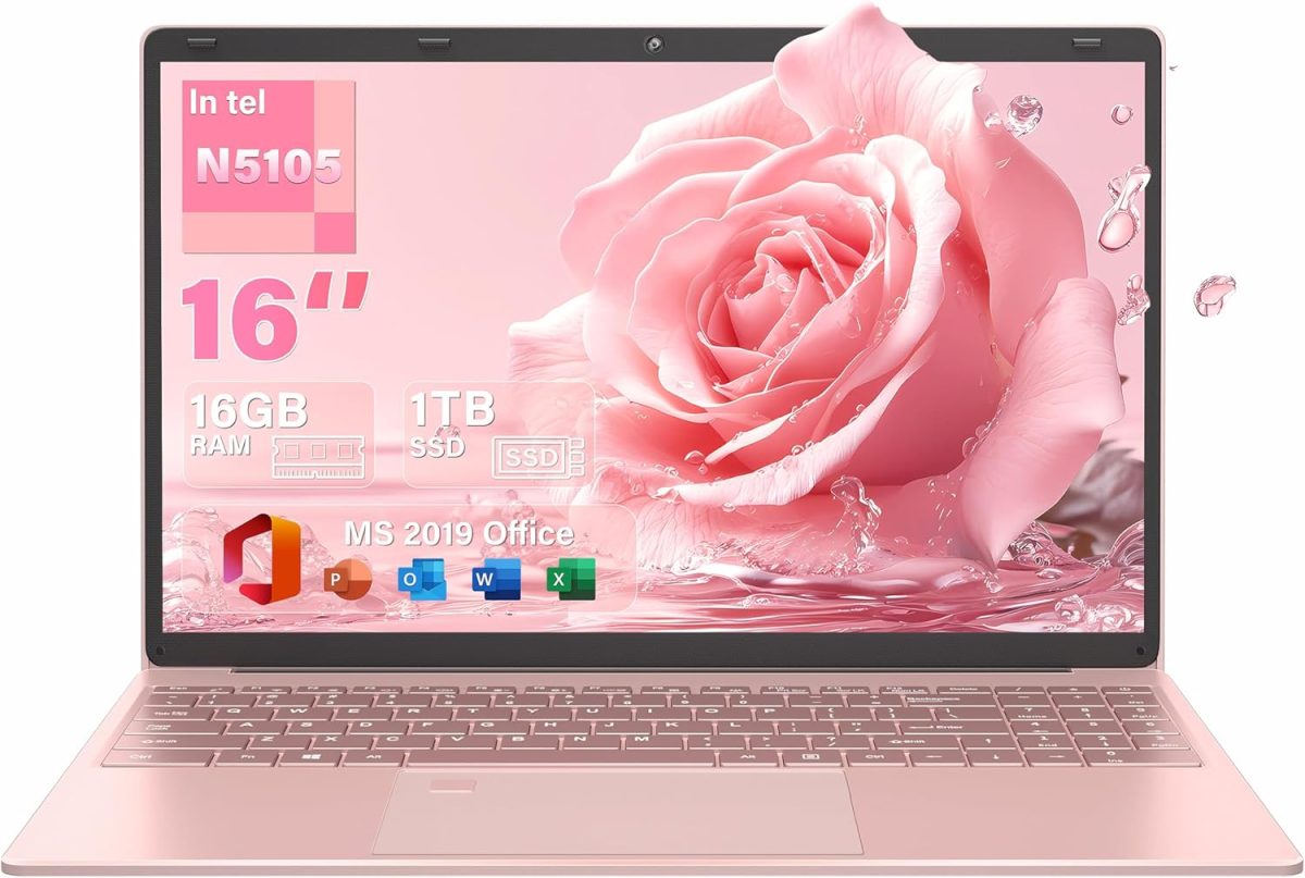 Rumtuk 16" Rose Gold Laptop, Celeron N5105 CPU, DDR4 16GB RAM 1T SSD, FHD IPS Display, Backlit KB，Fingerprint Unlock, USB 3.0, HDMI, WiFi/BT, Perfect for Work, Study and Play! (Rose Gold,1TB SSD)